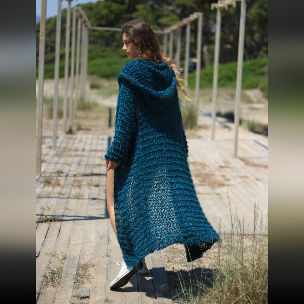 S/M Long knitted cardigan, teal knit cloak, oversized chunky full length duster
